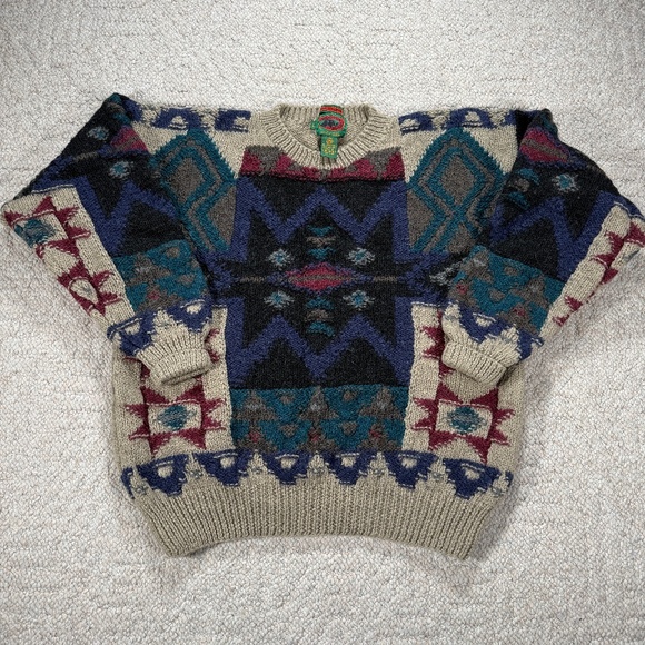 Vintage 80s Boston Traders Wool Sweater Hong Kong Geometric L - Picture 1 of 7